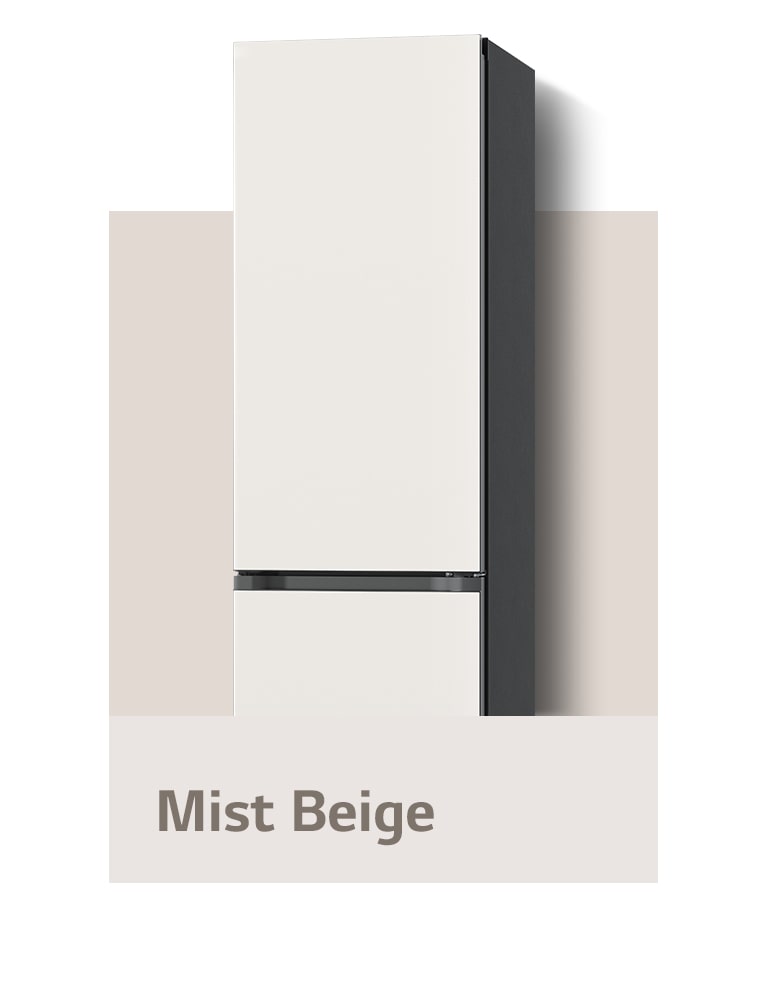 Показан холодильник LG с нижней морозильной камерой из коллекции Objet в цветах «Бежевый туман», «Серебряный туман» и «Черное зеркало».