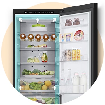 Неоновый свет по внутреннему контуру холодильника подчеркивает большое пространство для хранения продуктов.
