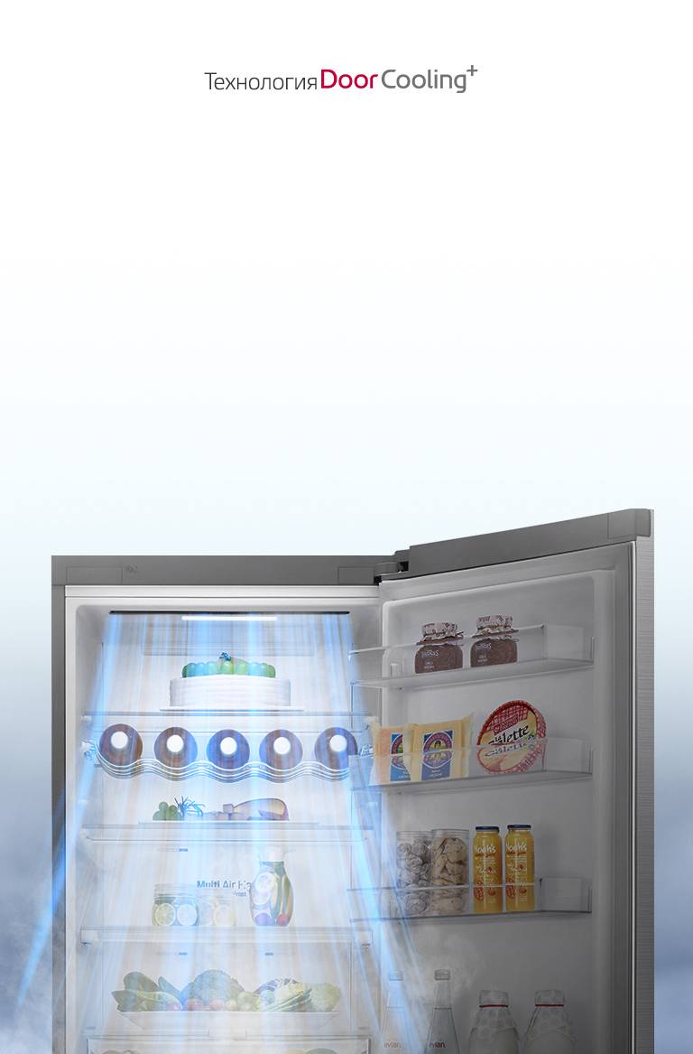 ['Открытый холодильник, потоки воздуха с панели DoorCooling+ струятся вниз.', 