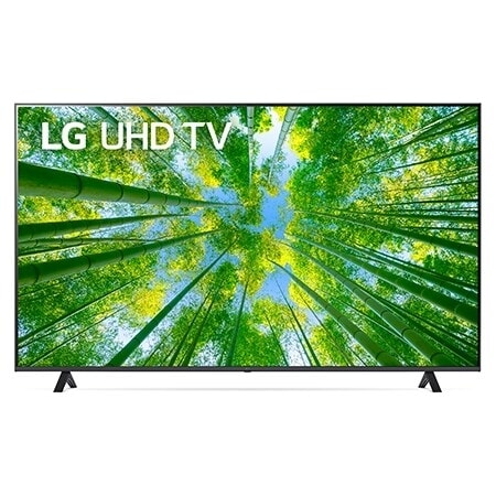 Вид телевизора LG UHD спереди с изображением на экране и логотипом продукта