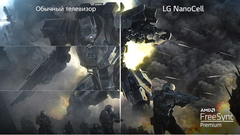 На обычном телевизоре показана игра с разрывами изображения; на другой половине демонстрируется изображение на телевизоре LG NanoCell без разрывов.