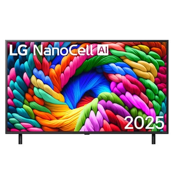 Вид спереди на телевизор NanoCell NANO90 TV, логотип LG NanoCell AI в верхнем углу. Телевизор LG NanoCell TV отображает красочные текстуры, напоминающие мазки краски, сливающиеся воедино.