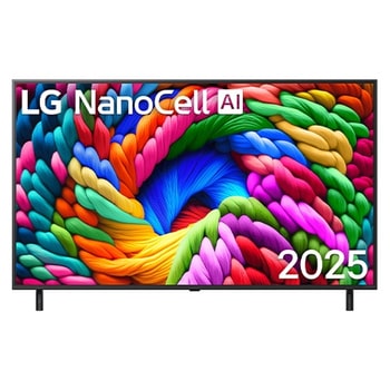 Вид спереди на телевизор NanoCell NANO90 TV, логотип LG NanoCell AI в верхнем углу. Телевизор LG NanoCell TV отображает красочные текстуры, напоминающие мазки краски, сливающиеся воедино.