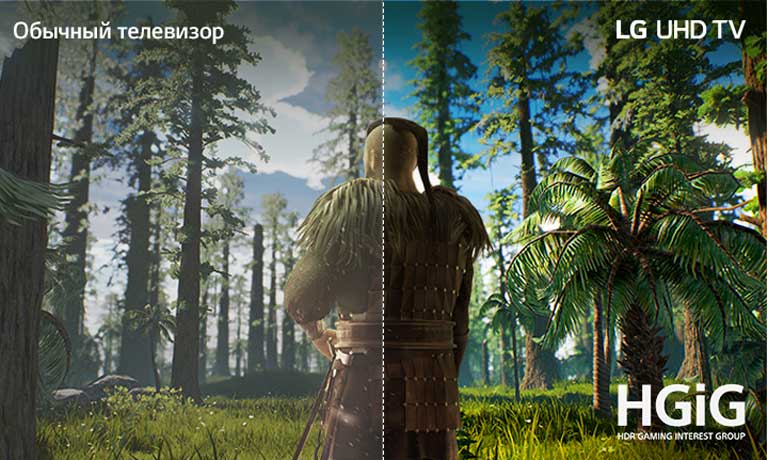 На экране телевизора показана сцена из игры, где человек стоит посреди леса. Половина картинки показана на обычном телевизоре с плохим качеством. Другая половина – четкая, живая, с качеством LG UHD.