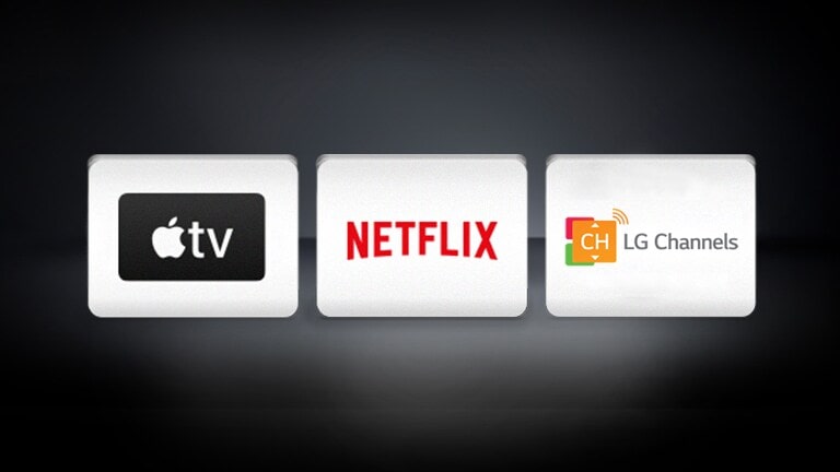 LG Channels, Apple TV and Netflix logos on a black background.