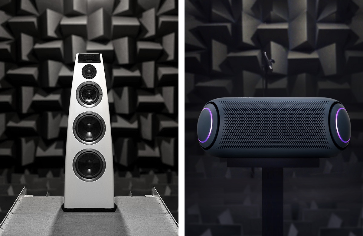 Meridian's dsp7200 is in a sound test room. On the right, LG XBOOM Go PL7 bluetooth speaker is also in a sound test room.