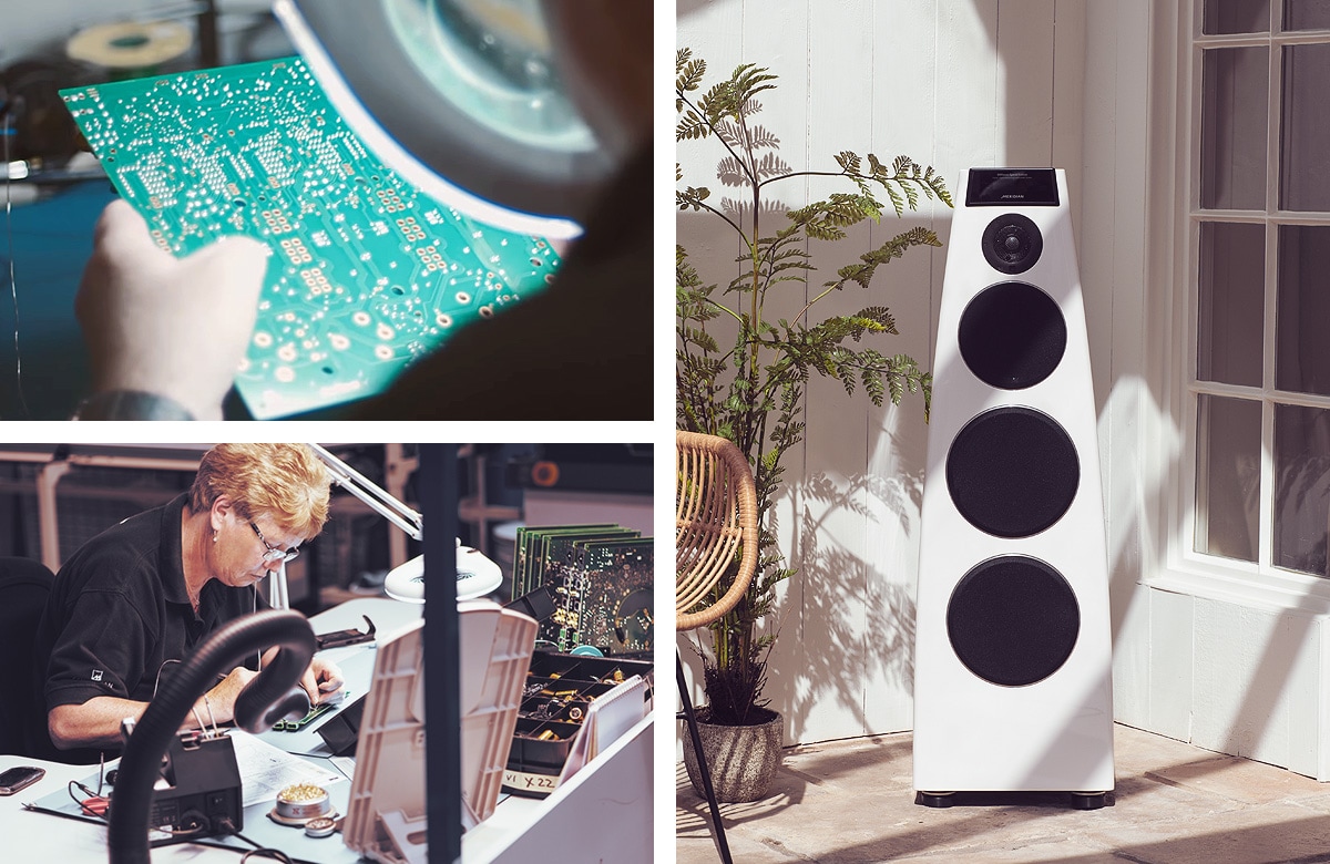 There are two photos of Meridian engineers at work. The third picture is Meridian's dsp7200 on a sunny deck