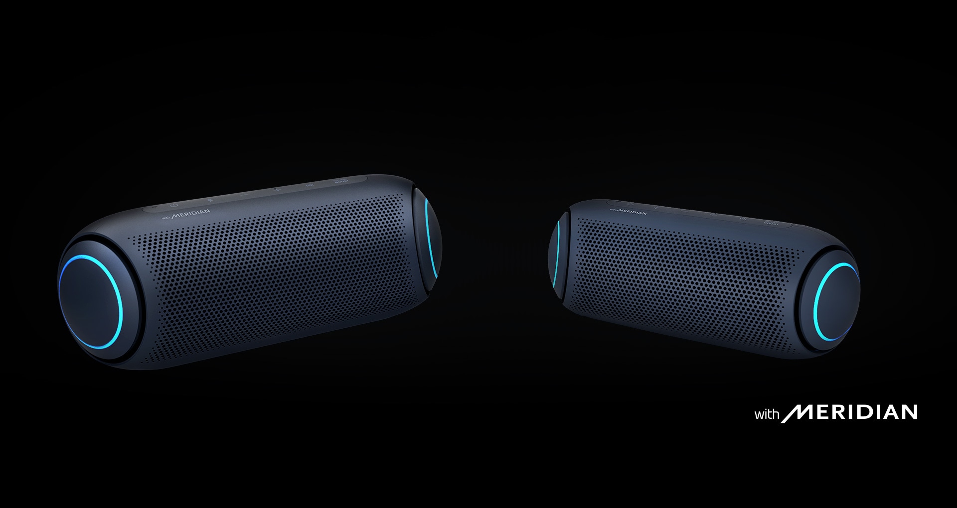 LG XBOOM Go PL7 and PL5 with sky blue lighting against a black background, with Meridian(logo)