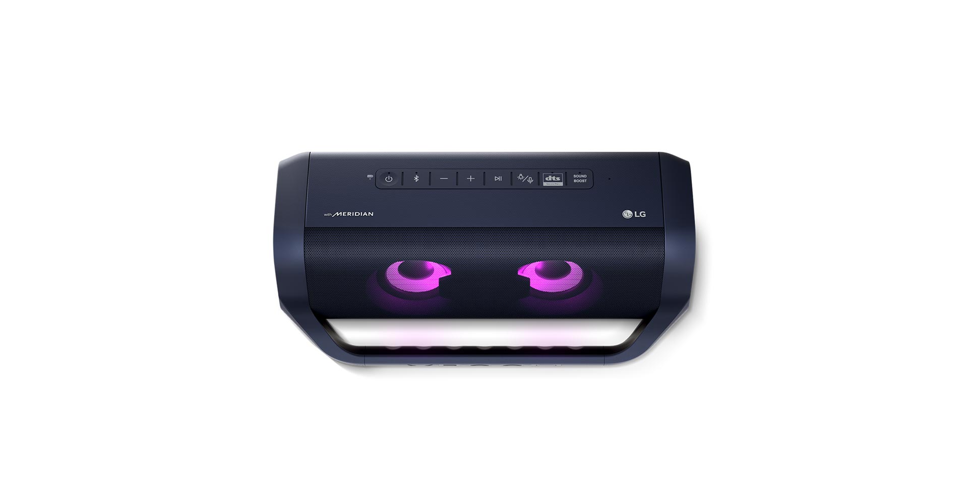A top-down view of an LG XBOOM Go PN7 left woofer with magenta lighting against a white background