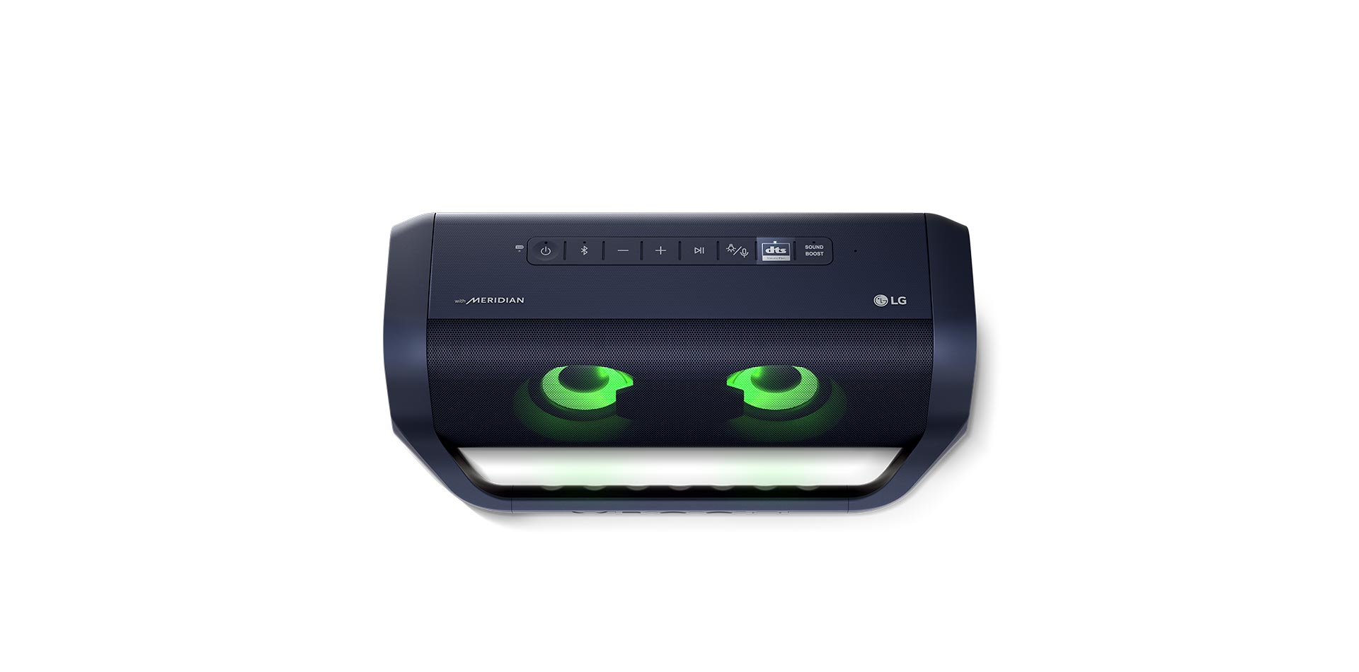 An LG XBOOM Go PN7 with neon green lighting against a white background has a ripple effect below it to represent sound waves.