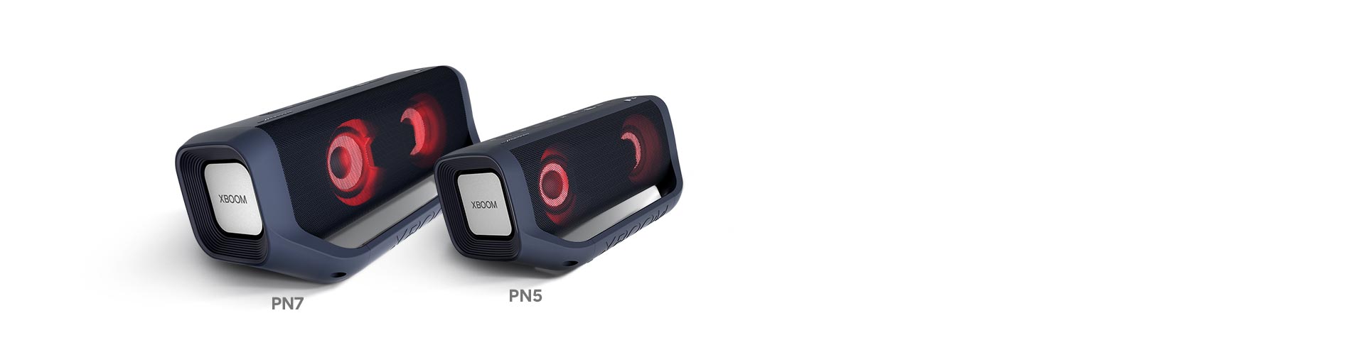 Two speakers with red light are displayed at an acute 45 degree angle to the screen on a white background