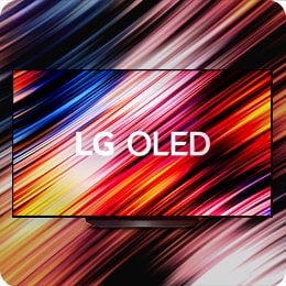 Яркие полосы на дисплее LG OLED, разворачиваются за пределами телевизора на заднем фоне.