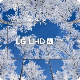 Телевизор и логотип LG UHD расположен в центре экрана – зимние деревья в инее на дисплее телевизора и на заднем фоне.