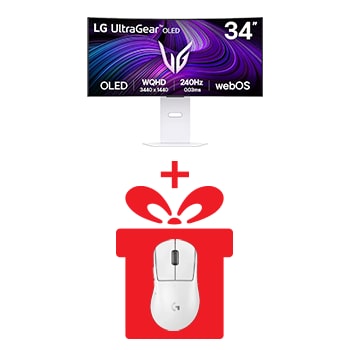 Front view of 34-дюймовый изогнутый игровой смарт-монитор LG UltraGear™ OLED 240Hz WQHD | webOS 0.03ms (GtG), 240Hz, DisplayHDR True Black 400 + Logitech G Pro X Superlight 2 DEX 34GX90SA-W