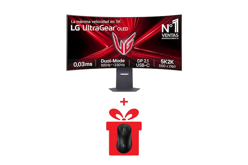 Front view of 45-дюймовый игровой монитор LG UltraGear™ OLED Dual-Mode 5K2K | 0.03ms (GtG), Rich Bass (10Wx2), DisplayHDR True Black 400, DP 2.1 и USB-C + Logitech G Pro X Superlight 2 DEX 45GX950A-B