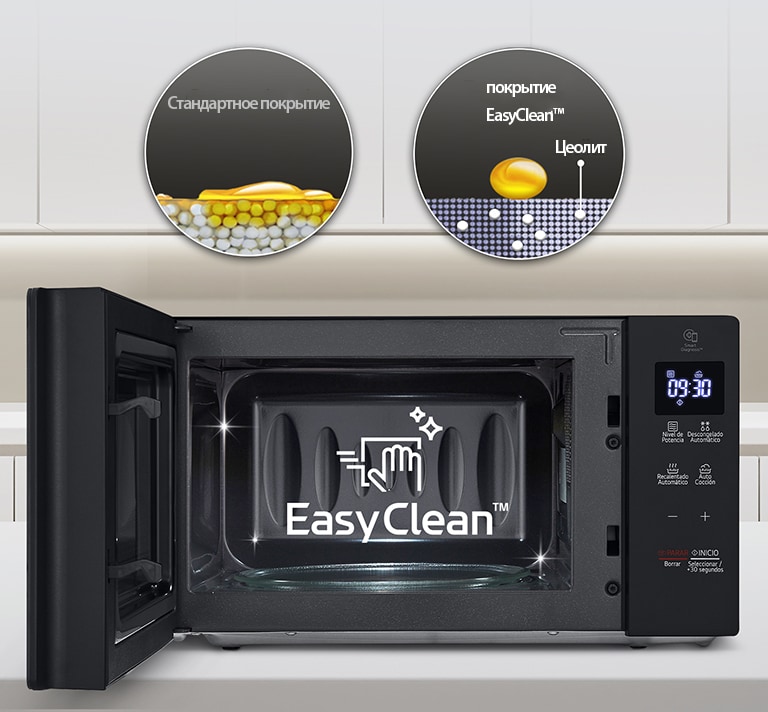 There is a microwave with an open door, and there is an explanation that is easy to clean inside.
