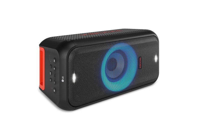 Колонка лежит на полу. Вся подсветка включена.