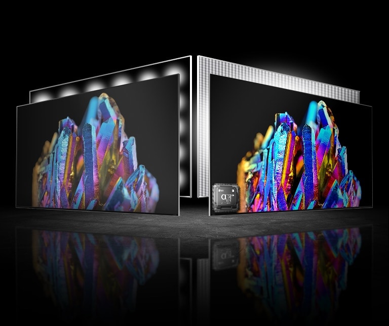 Слева и справа два телевизора. На каждом телевизоре одинаковые изображения цветного кристалла. Изображение слева немного бледное, а изображение справа очень яркое. На изображении справа в левом нижнем углу телевизора показана микросхема процессора.