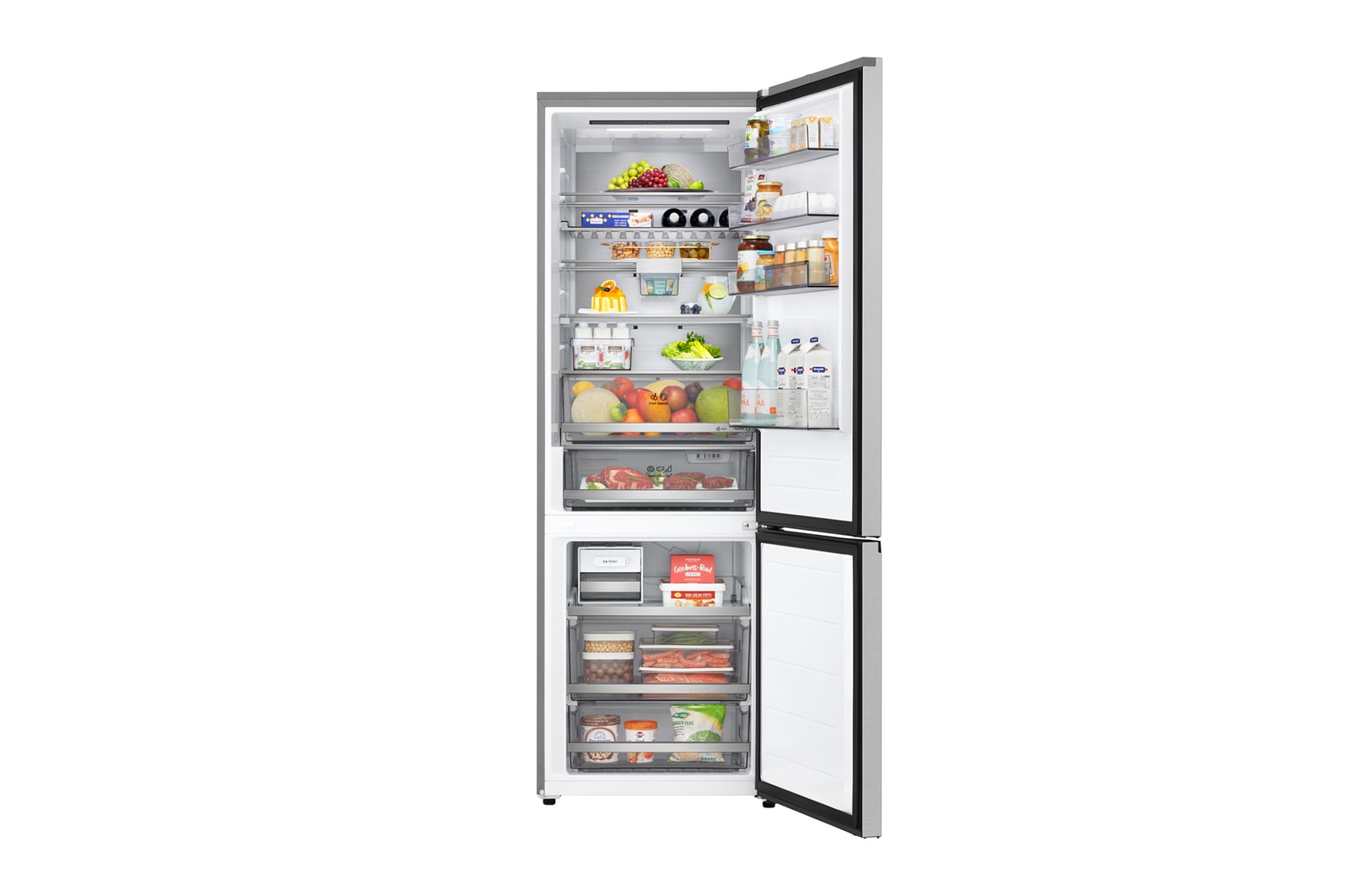 Холодильник LG с нижней морозильной камерой (GC-B640FMBM), вид с полностью открытыми дверцами, где показаны холодильная и морозильная камеры