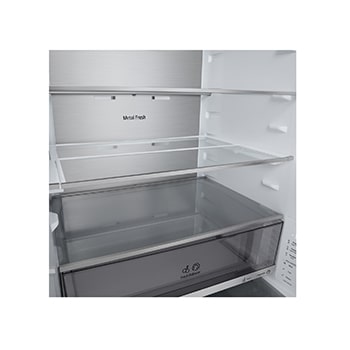Холодильник с морозильной камерой LG (GC-B640FTBM); полка выделена синим цветом со стрелками вверх и вниз, справа –– сложенная полка с двумя бутылками воды