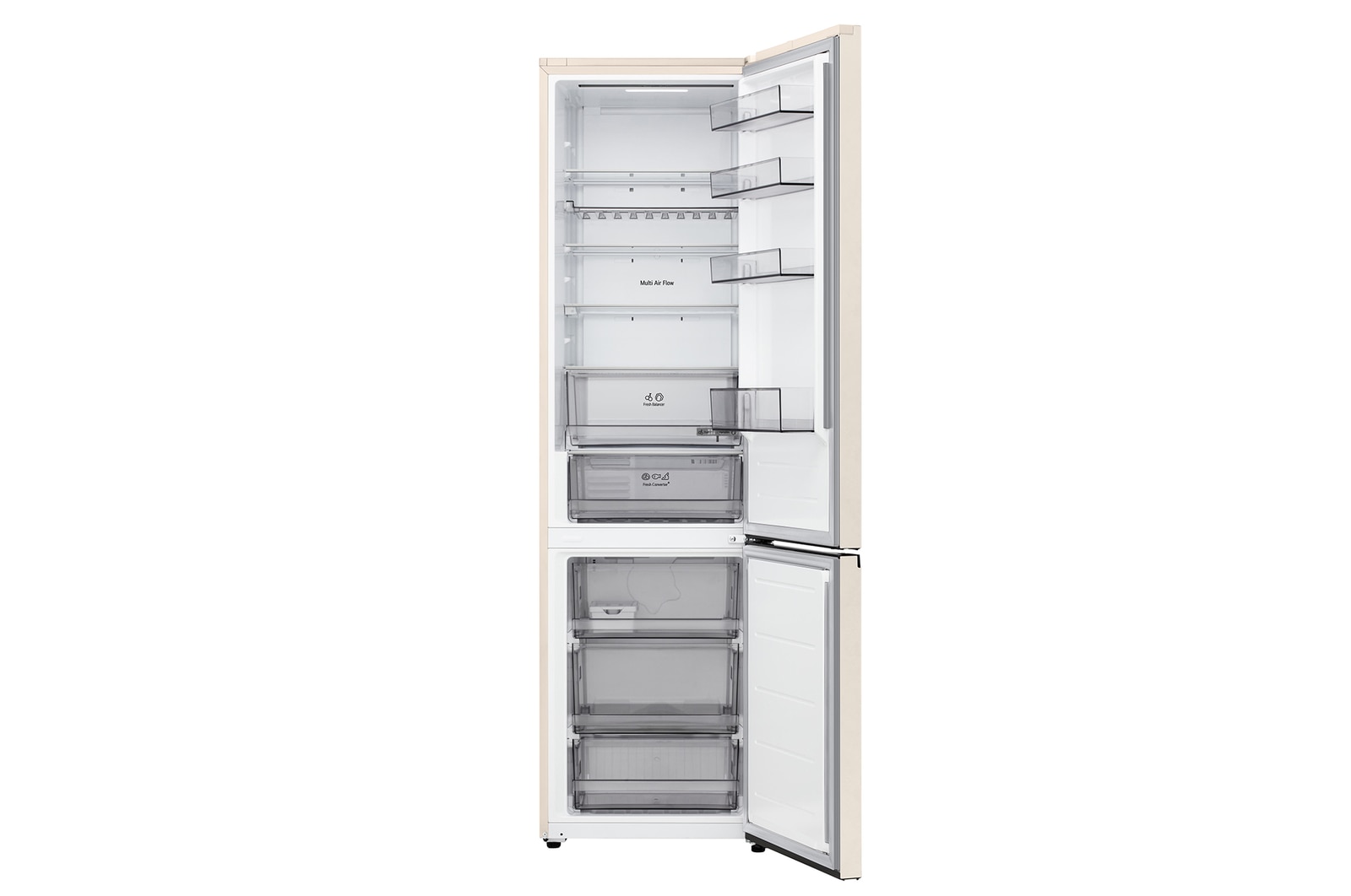 LG bottom freezer (GC-B509EETM) full door open view showing fridge and freezer compartments