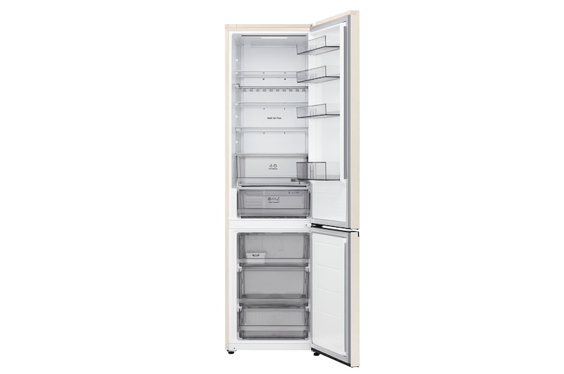 LG bottom freezer (GC-B509EETM) full door open view showing fridge and freezer compartments