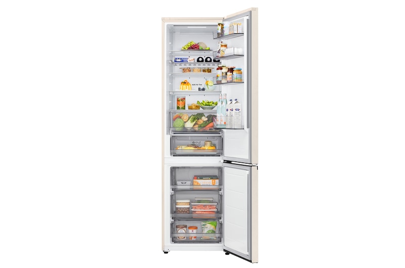 LG fridge freezer (GC-B509EETM) top view with matte black fridge on left and cabinet wall on right