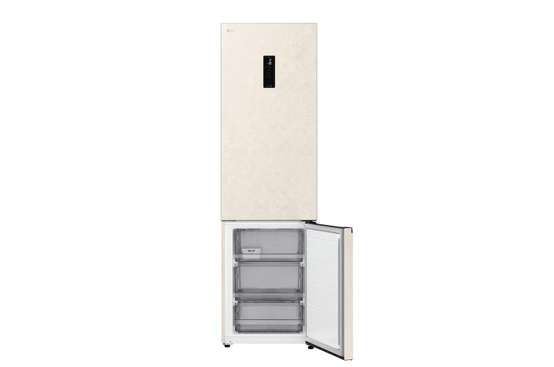 LG fridge freezer (GC-B509EETM) shelf highlighted in blue with arrows up and down right image shows folded shelf holding two water bottles
