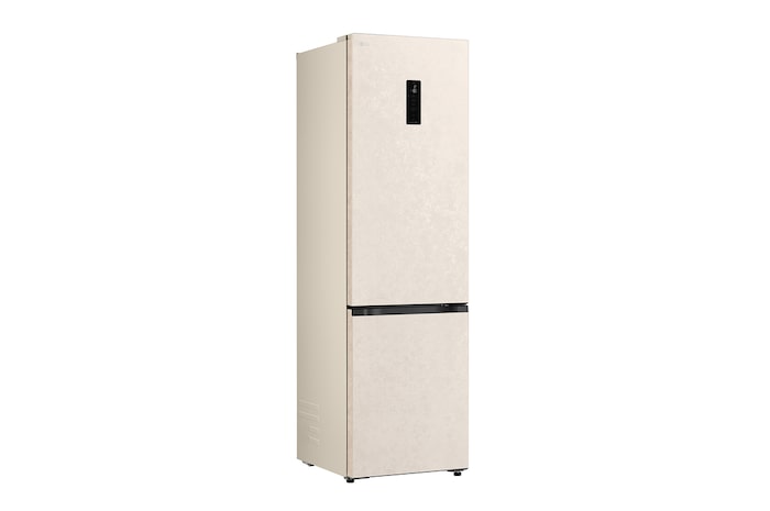 LG fridge freezer (GC-B509EETM) built into dark brown cabinetry with window and sofa on left and sink on right