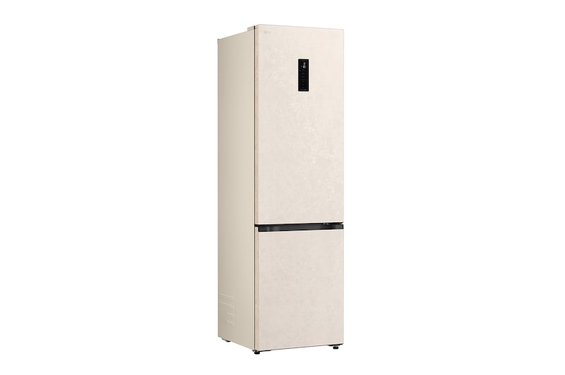 LG fridge freezer (GC-B509EETM) built into dark brown cabinetry with window and sofa on left and sink on right