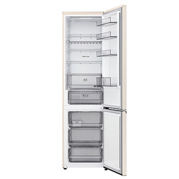 LG bottom freezer (GC-B509EETM) full door open view showing fridge and freezer compartments