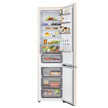 LG bottom freezer (GC-B509EETM) in living space with night city view overlaid with AI Saving Mode graphic and fluctuating energy chart