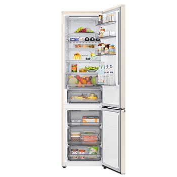 LG bottom freezer (GC-B509EETM) installed flush in tall warm beige wall with white arrows pointing to top side and front surfaces