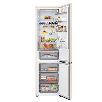LG fridge freezer (GC-B509EETM) close up of wine rack holding four bottles and box of macarons with rack design magnified in circular image