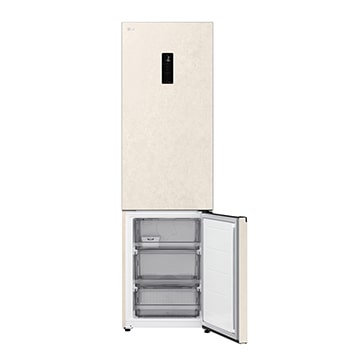 LG fridge freezer (GC-B509EETM) shelf highlighted in blue with arrows up and down right image shows folded shelf holding two water bottles