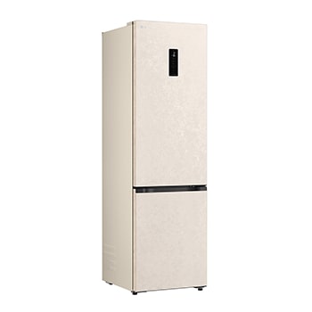 LG fridge freezer (GC-B509EETM) built into dark brown cabinetry with window and sofa on left and sink on right