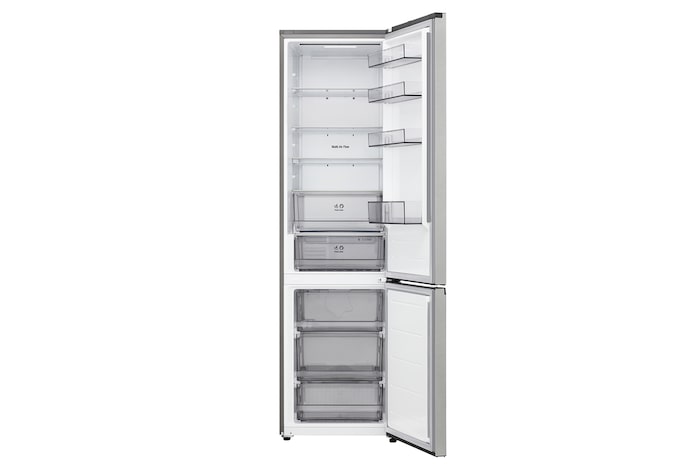 LG bottom freezer (GC-B509EMLM) full door open view showing fridge and freezer compartments