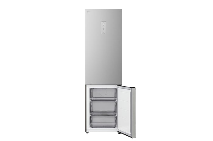 LG fridge freezer (GC-B509EMLM) shelf highlighted in blue with arrows up and down right image shows folded shelf holding two water bottles