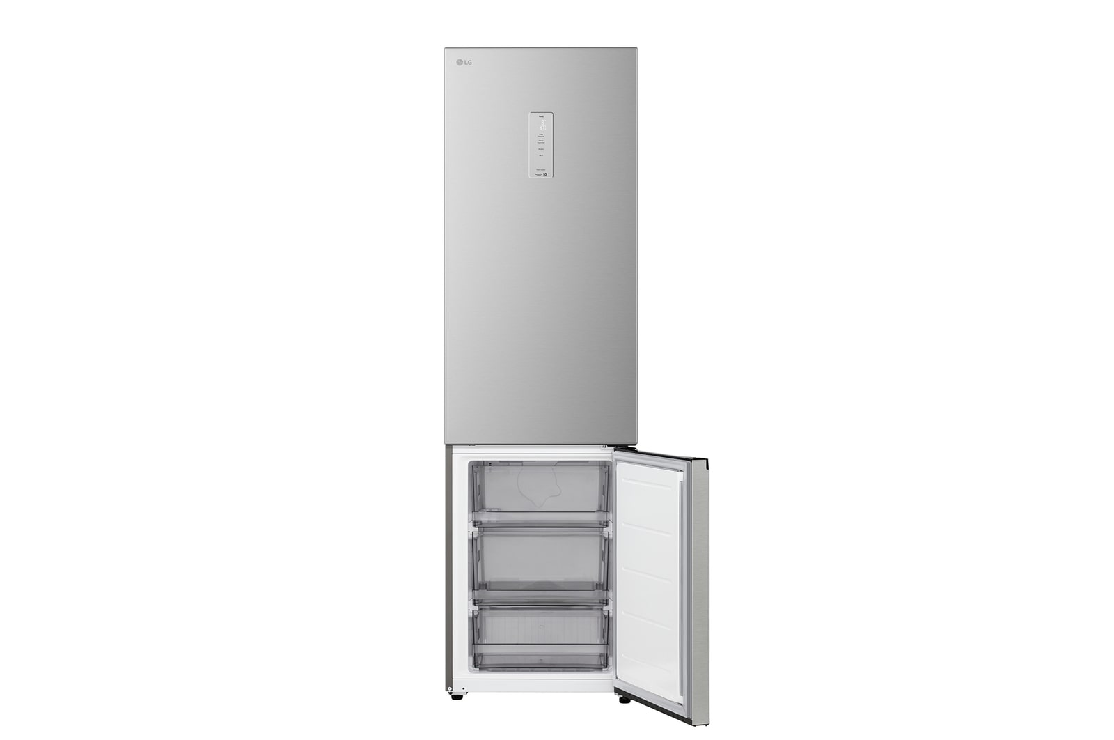LG fridge freezer (GC-B509EMLM) shelf highlighted in blue with arrows up and down right image shows folded shelf holding two water bottles