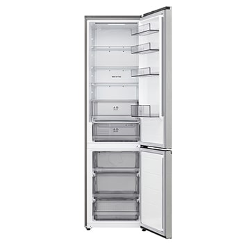 LG bottom freezer (GC-B509EMLM) full door open view showing fridge and freezer compartments