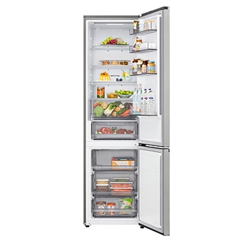 LG bottom freezer (GC-B509EMLM) in living space with night city view overlaid with AI Saving Mode graphic and fluctuating energy chart