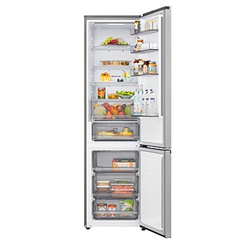 LG bottom freezer (GC-B509EMLM) installed flush in tall warm beige wall with white arrows pointing to top side and front surfaces