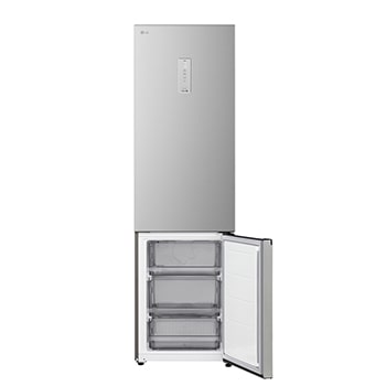 LG fridge freezer (GC-B509EMLM) shelf highlighted in blue with arrows up and down right image shows folded shelf holding two water bottles
