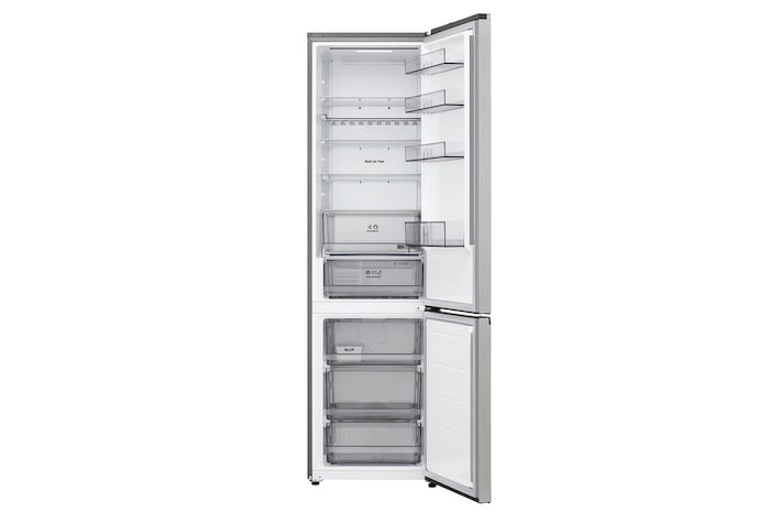 LG bottom freezer (GC-B509EMTM) full door open view showing fridge and freezer compartments