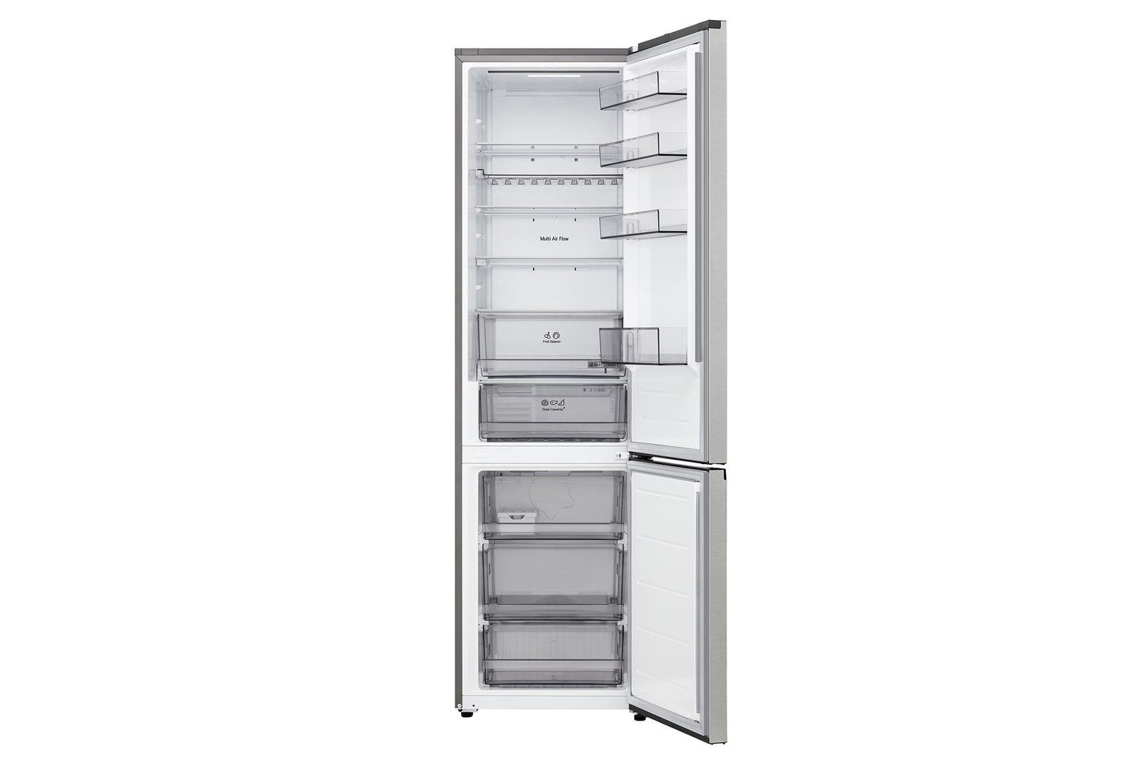 LG bottom freezer (GC-B509EMTM) full door open view showing fridge and freezer compartments
