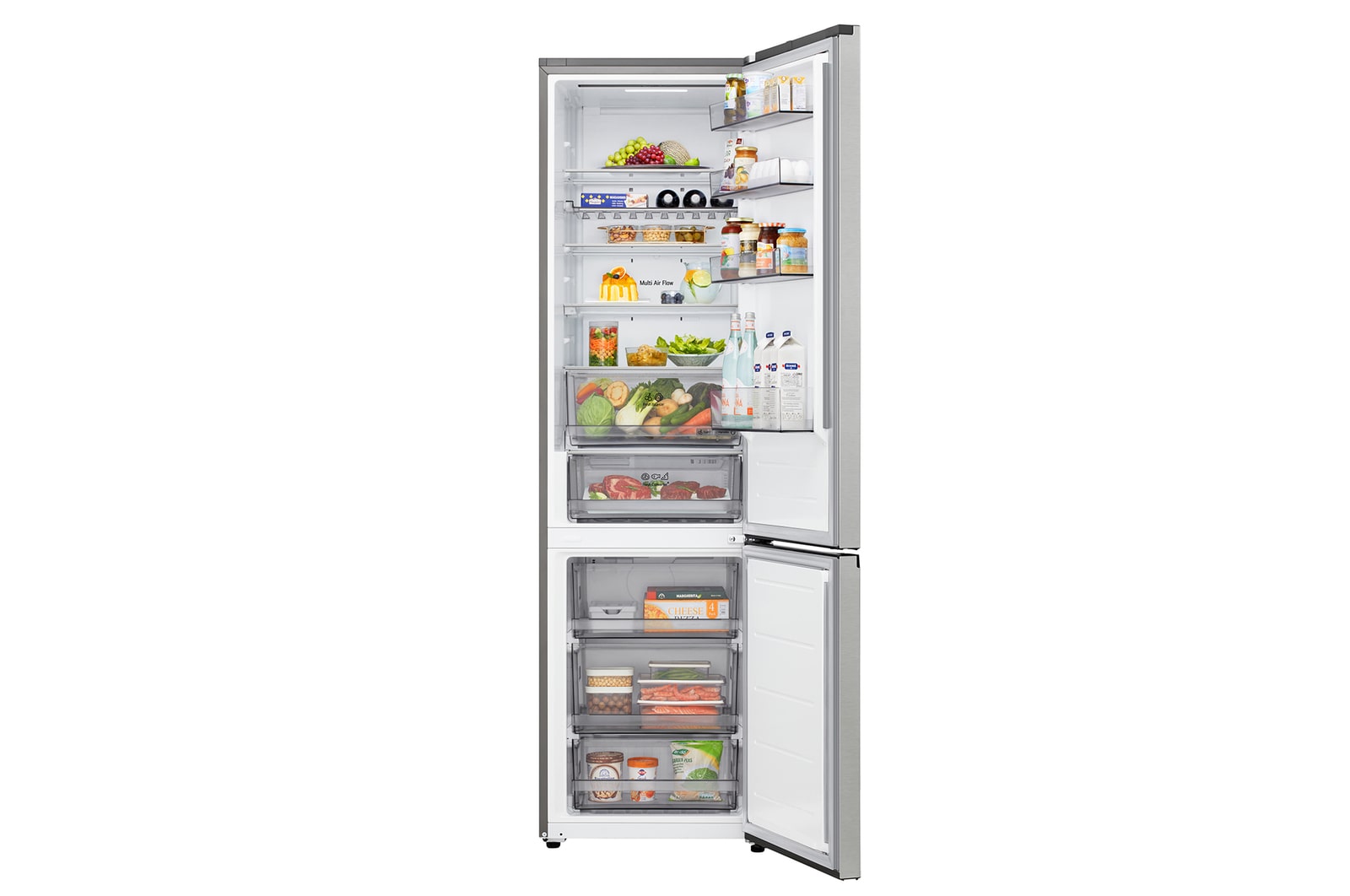 LG bottom freezer (GC-B509EMTM) in living space with night city view overlaid with AI Saving Mode graphic and fluctuating energy chart