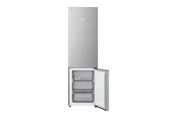 LG fridge freezer (GC-B509EMTM) shelf highlighted in blue with arrows up and down right image shows folded shelf holding two water bottles