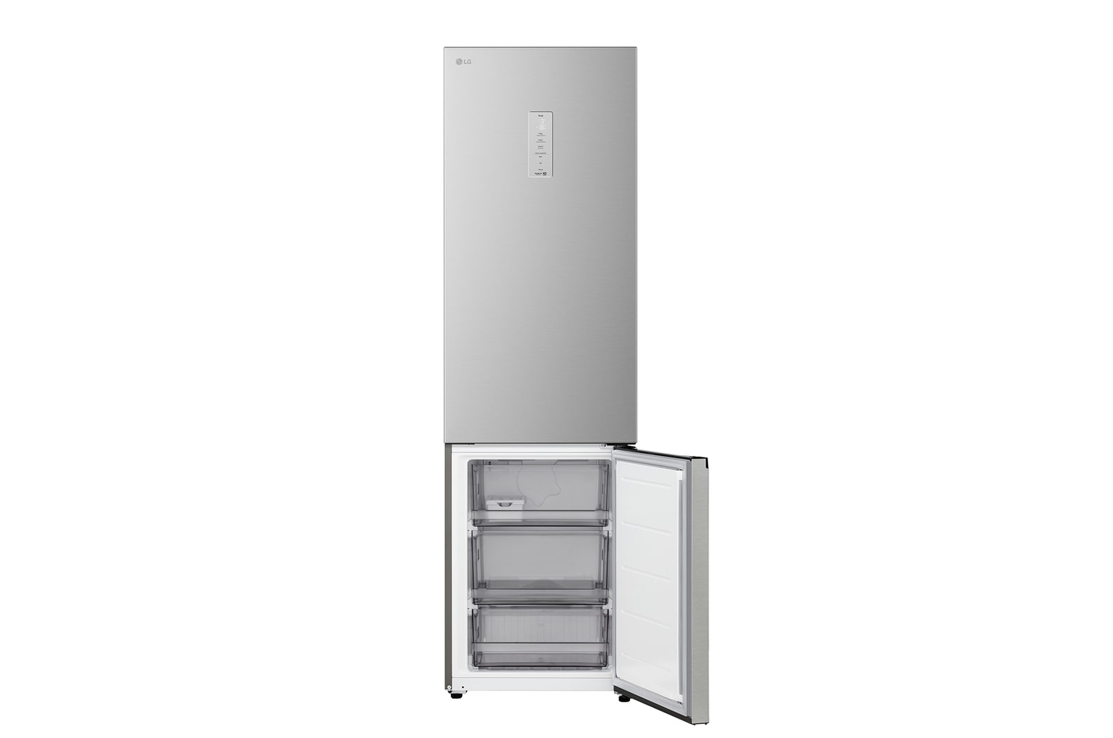 LG fridge freezer (GC-B509EMTM) shelf highlighted in blue with arrows up and down right image shows folded shelf holding two water bottles