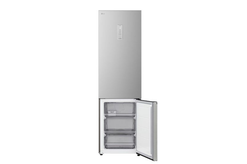 LG fridge freezer (GC-B509EMTM) shelf highlighted in blue with arrows up and down right image shows folded shelf holding two water bottles