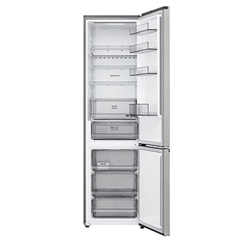 LG bottom freezer (GC-B509EMTM) full door open view showing fridge and freezer compartments